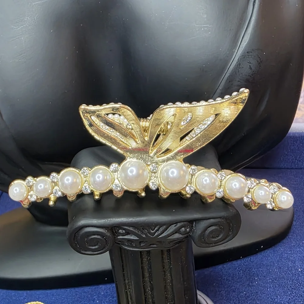 Gold Tone Pearl Leaf Hair Claw Clip Large Ornate Metal Statement 582